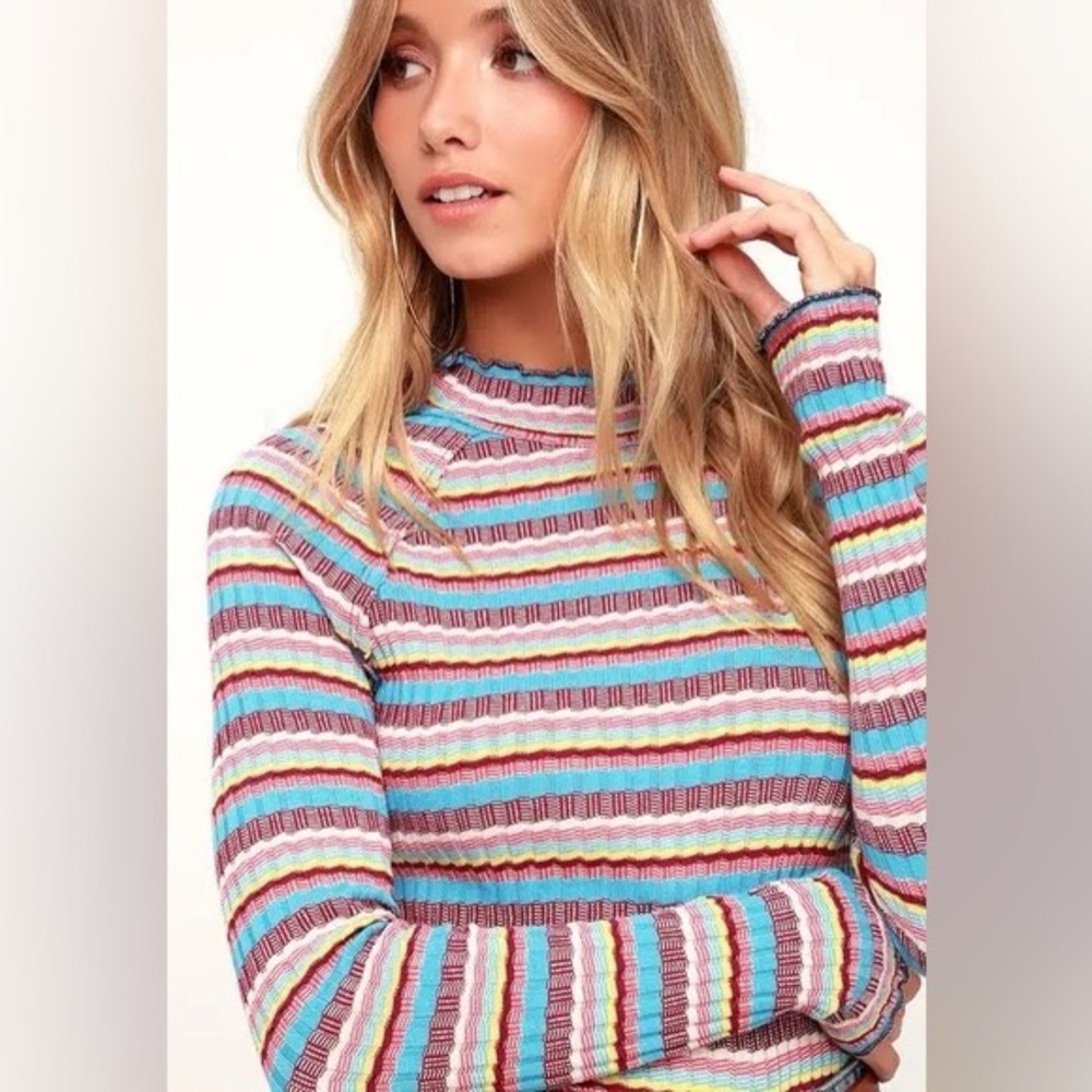 Free People Mirror Blue Striped Mock Neck Long Sleeve Top Medium - Picture 3 of 7